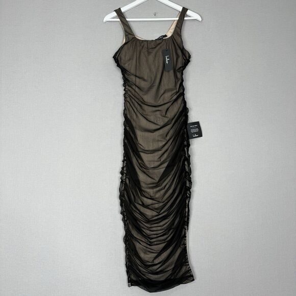 Lulu's Dresses & Skirts - Lulus Womens Dress M Black V.I.P. Treatment Mesh Ruched Bodycon Midi Dark Y2K